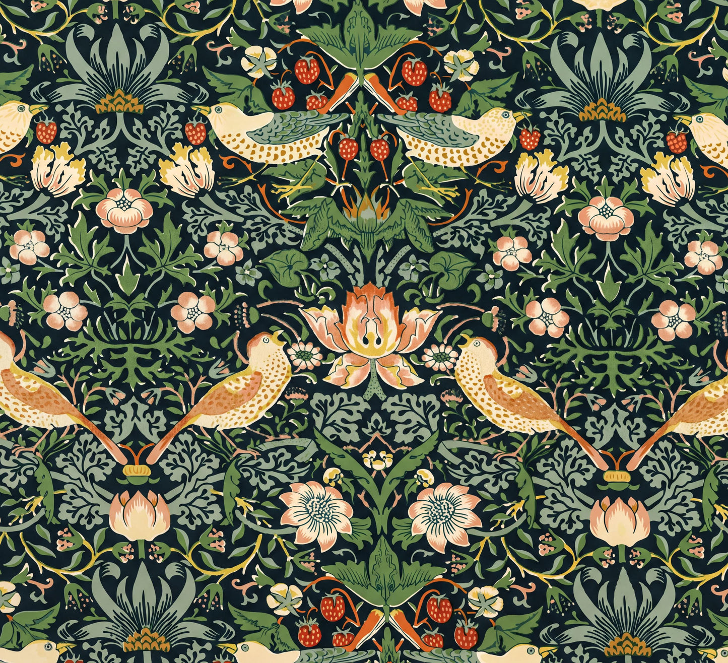 The image is a repeating pattern of various flowers, birds, and berries in shades of green, pink, and yellow against a dark background.