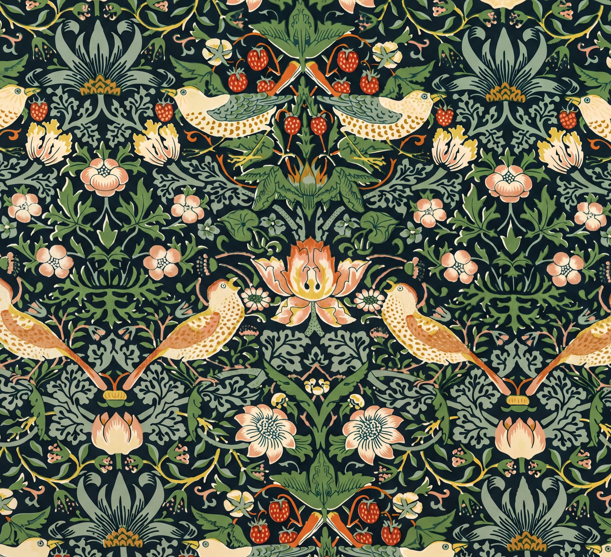 The image is a repeating pattern of various flowers, birds, and berries in shades of green, pink, and yellow against a dark background.