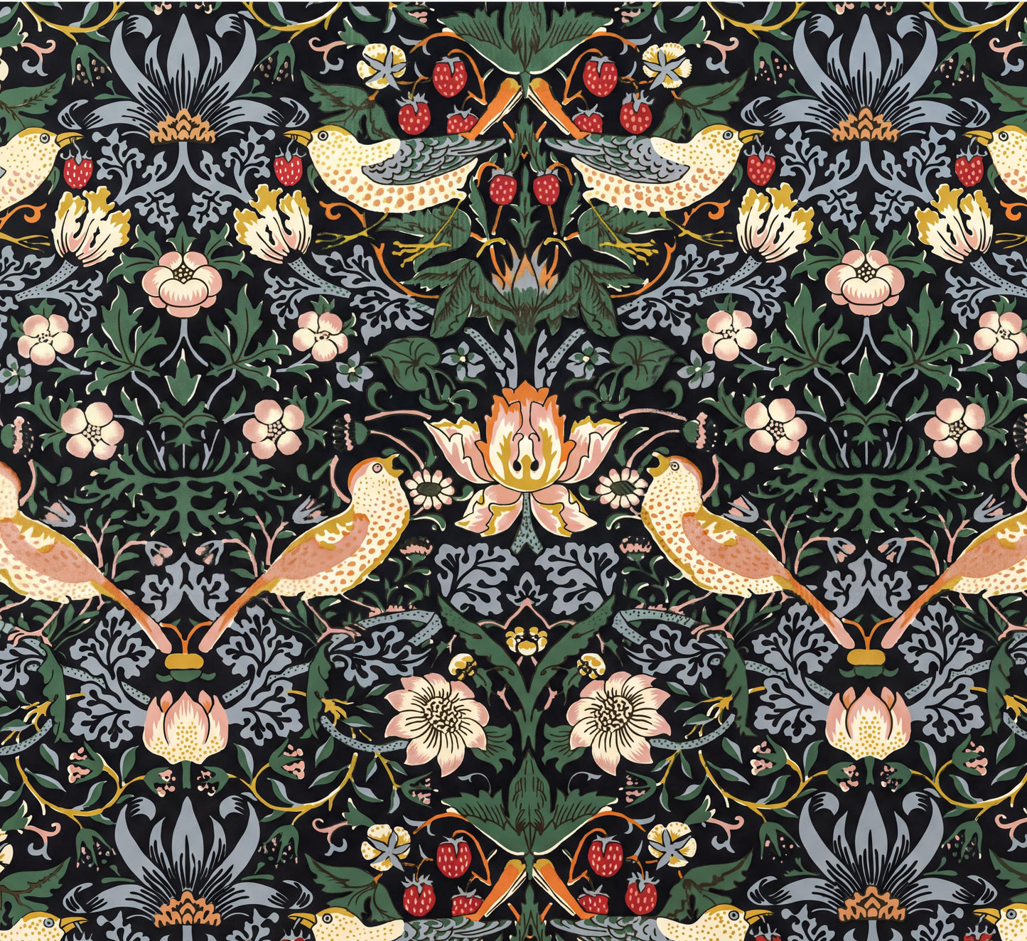 a repeating pattern of birds, flowers, and leaves in shades of green, pink, and yellow against a dark background.