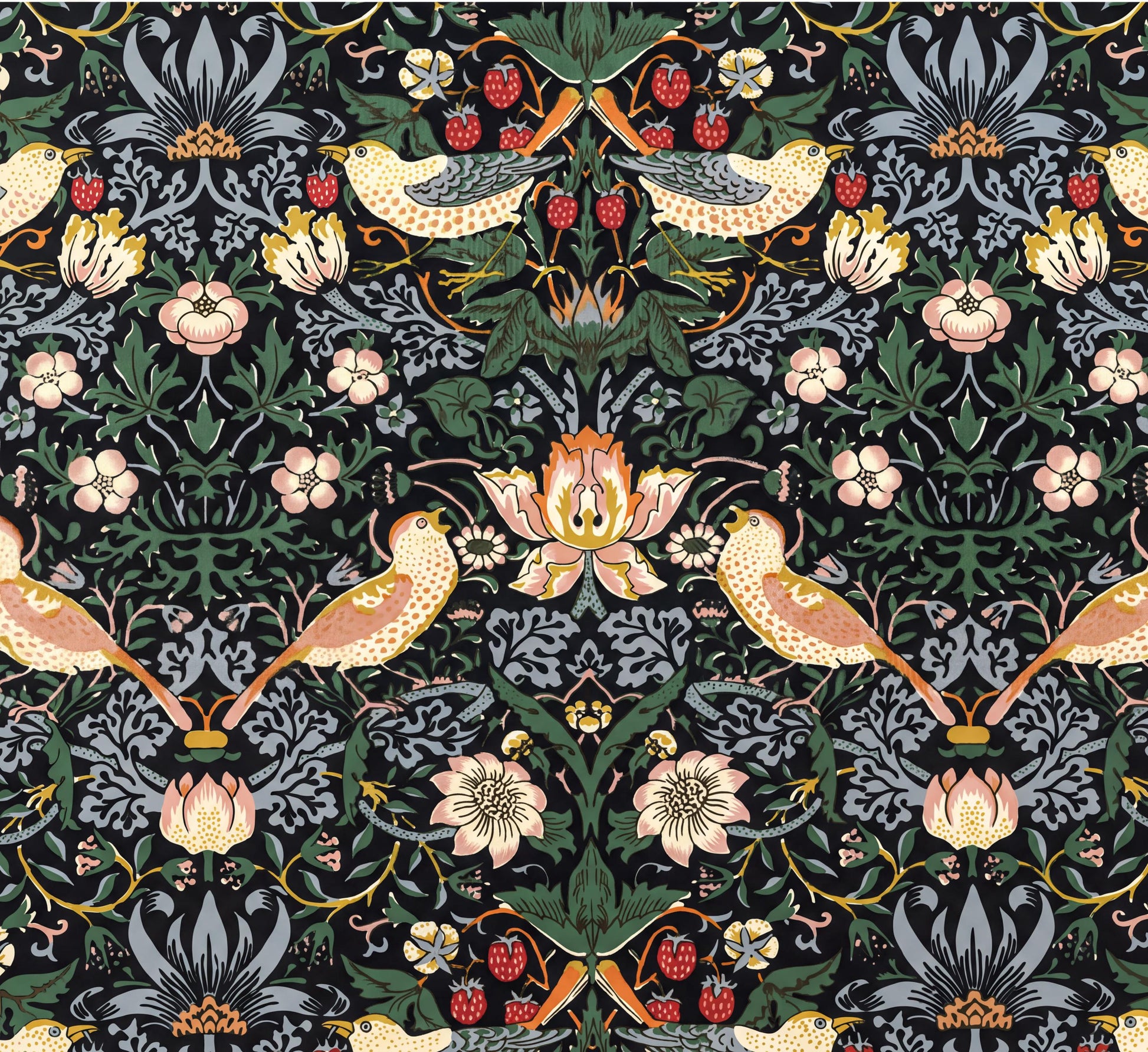 a repeating pattern of birds, flowers, and leaves in shades of green, pink, and yellow against a dark background.