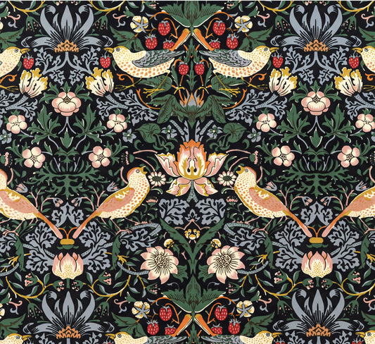a repeating pattern of birds, flowers, and leaves in shades of green, pink, and yellow against a dark background.
