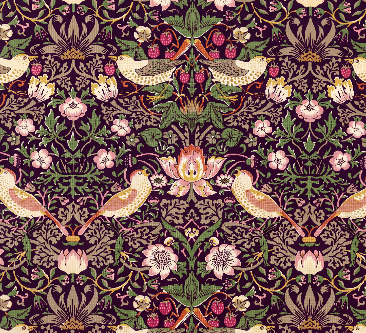 The image is a repeating pattern of a floral design with birds and flowers in shades of pink, green, and brown.