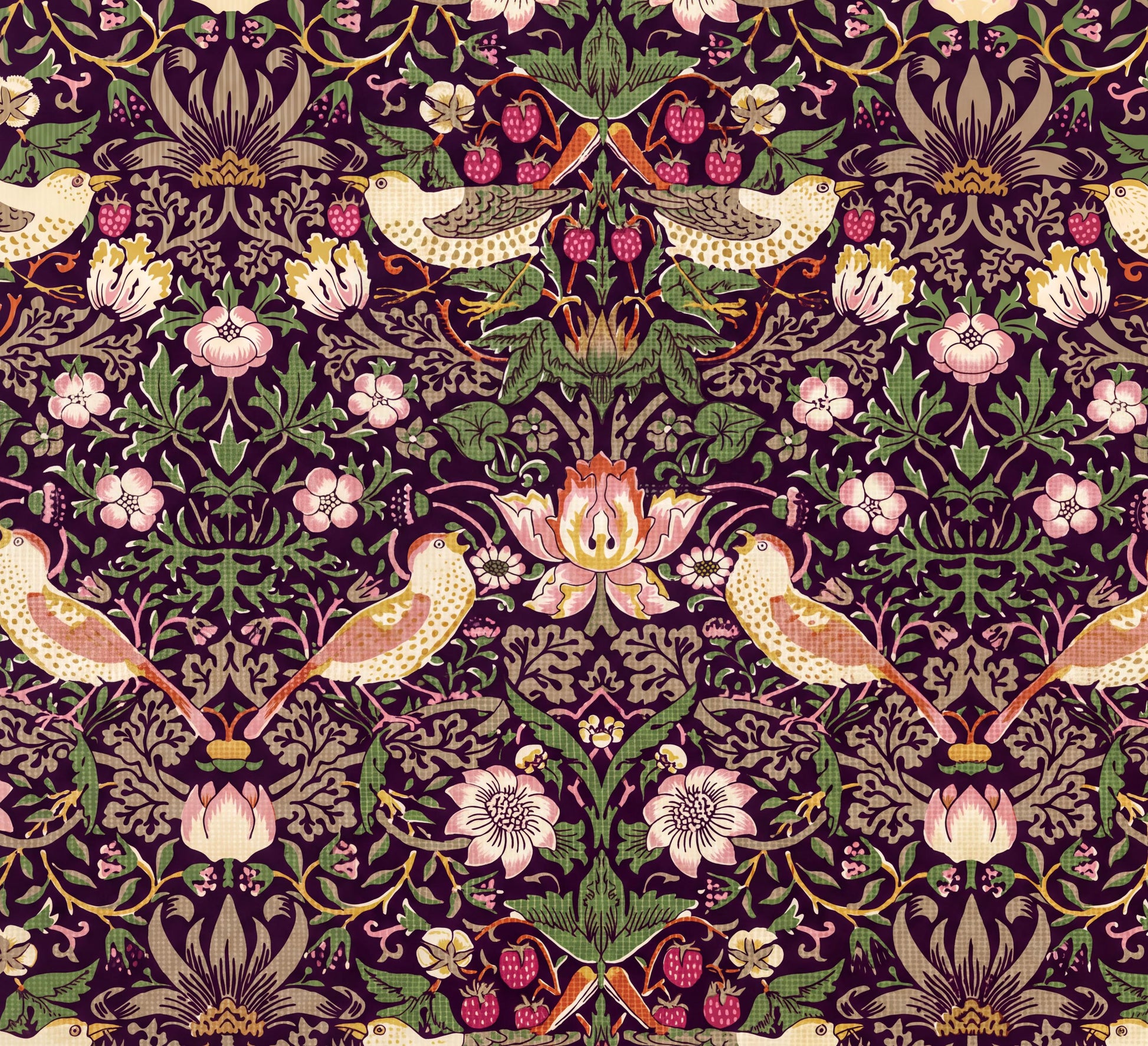 The image is a repeating pattern of a floral design with birds and flowers in shades of pink, green, and brown.