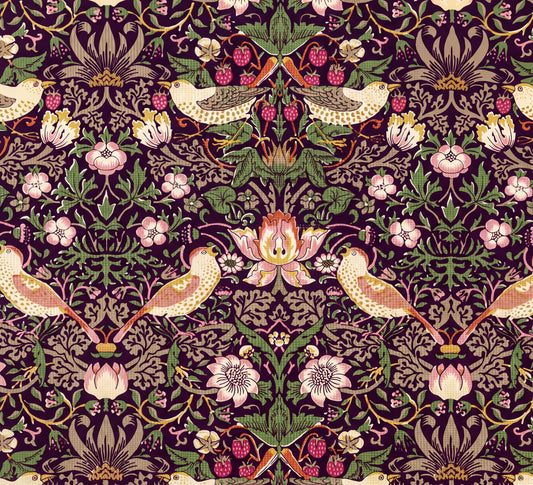 The image is a repeating pattern of a floral design with birds and flowers in shades of pink, green, and brown.