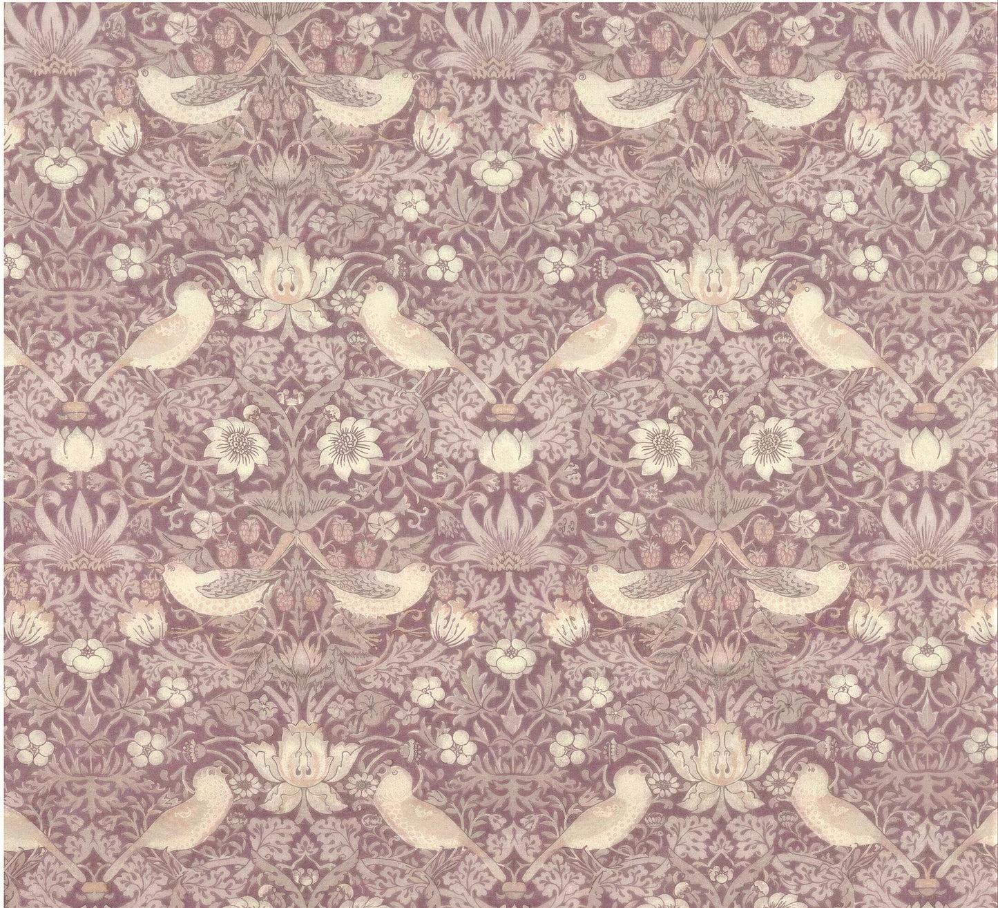 a repeating pattern of birds and flowers in shades of pink and purple.