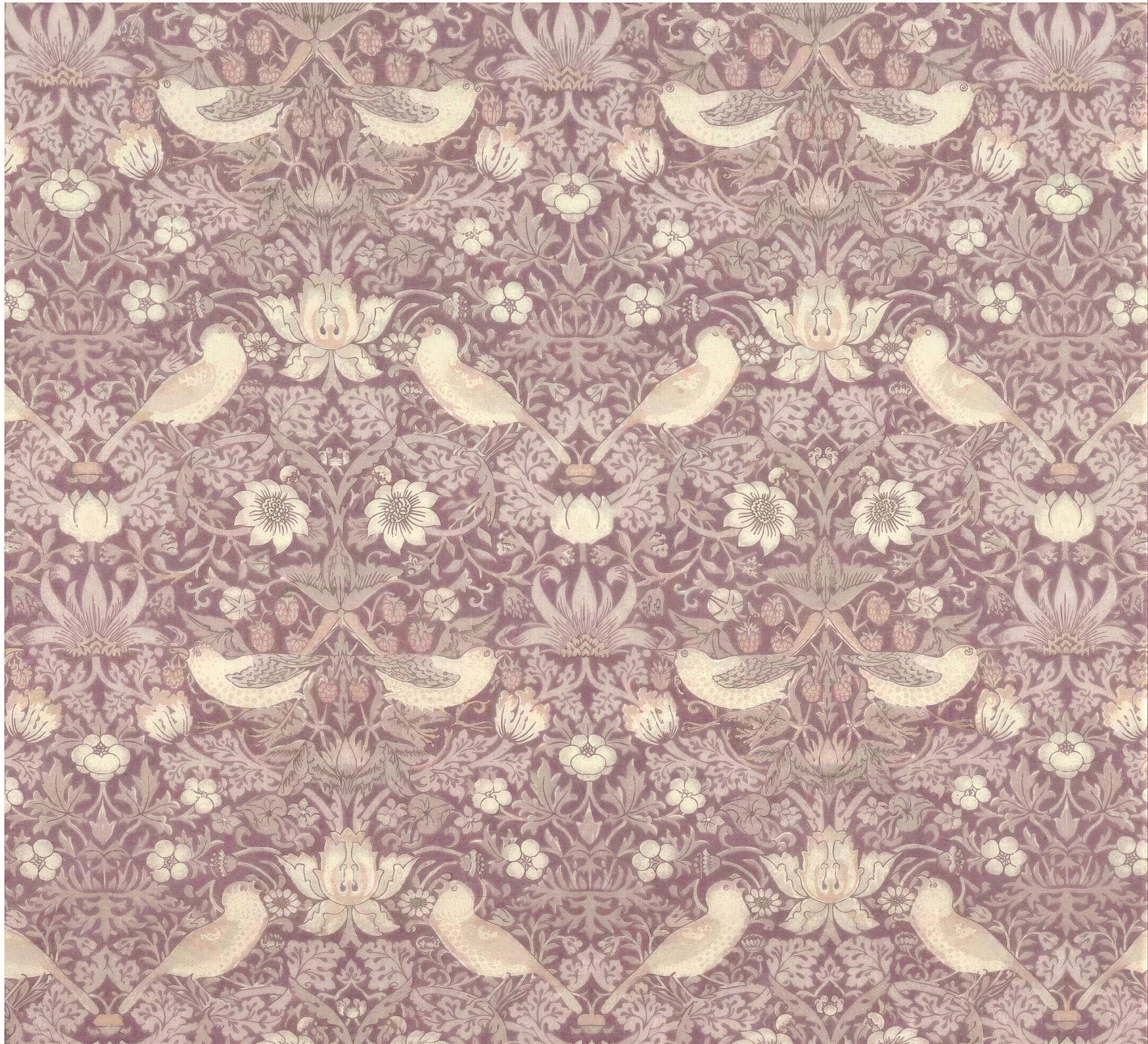 a repeating pattern of birds and flowers in shades of pink and purple.
