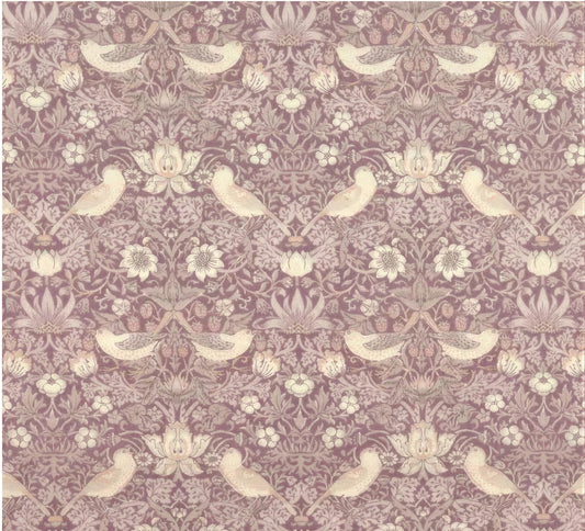 a repeating pattern of birds and flowers in shades of pink and purple.