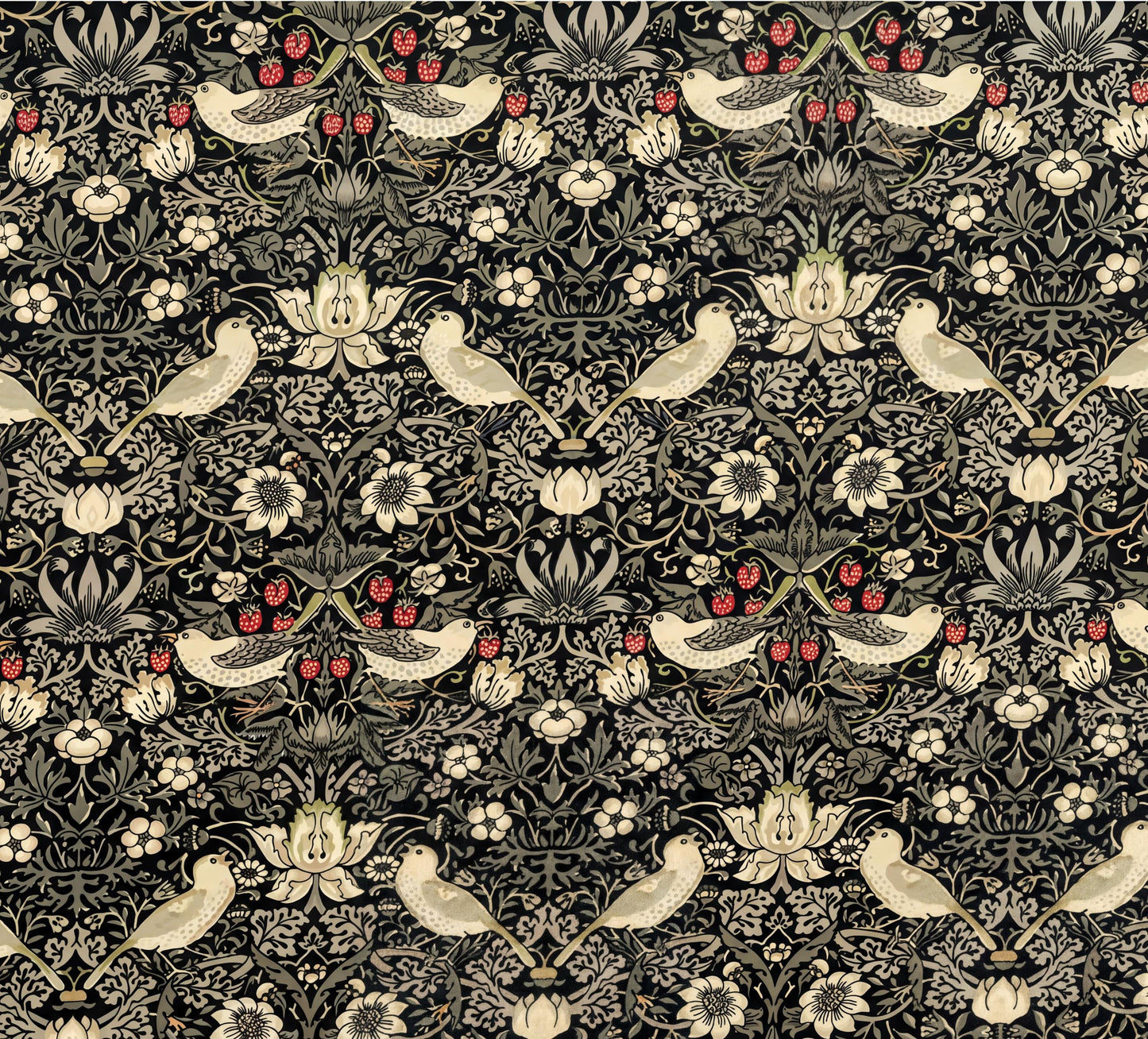 The image is a repeating pattern of various floral and bird motifs in shades of black, white, and red. The pattern features a variety of flowers, leaves, and birds arranged in a symmetrical and intricate design.