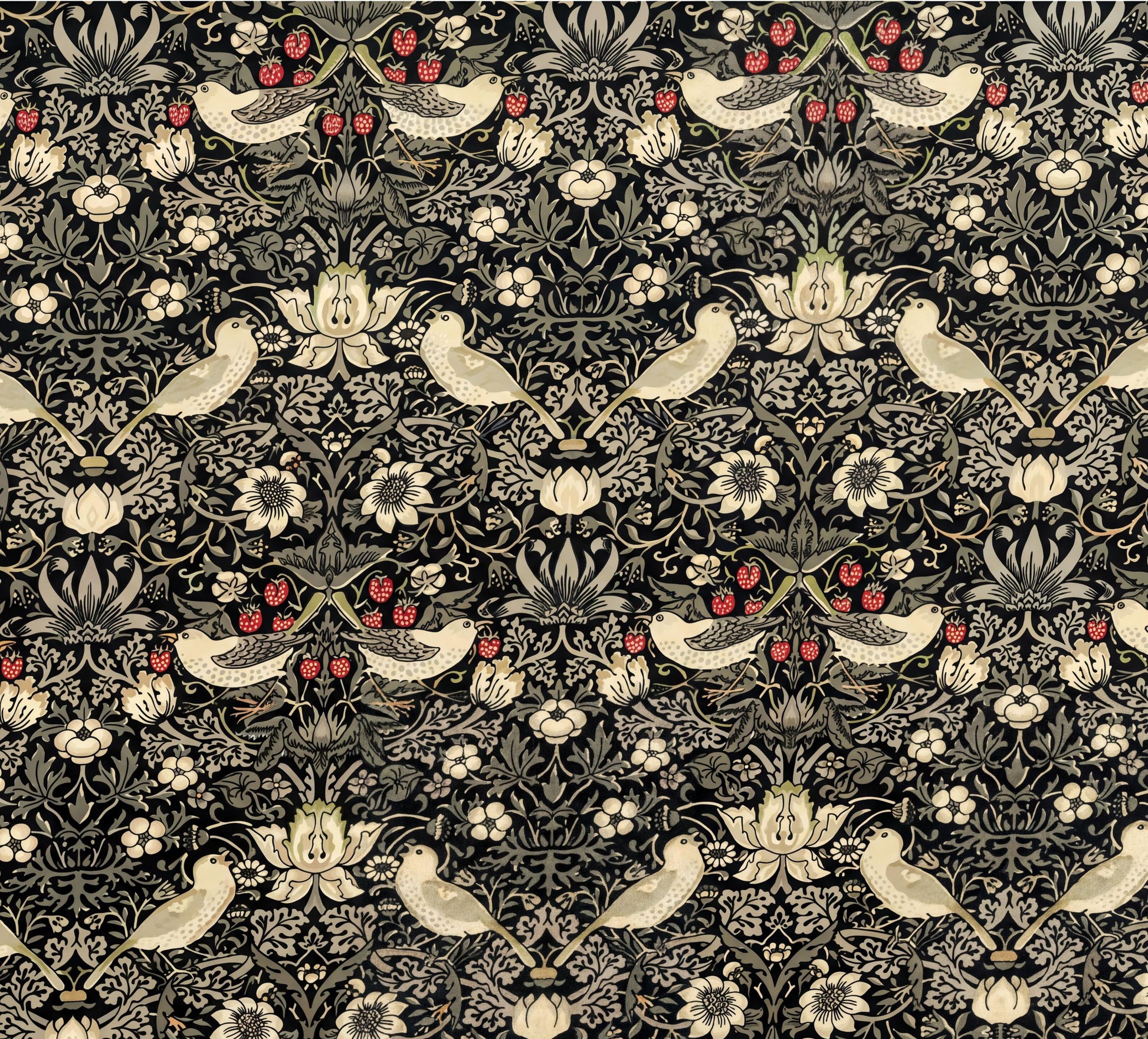 The image is a repeating pattern of various floral and bird motifs in shades of black, white, and red. The pattern features a variety of flowers, leaves, and birds arranged in a symmetrical and intricate design.