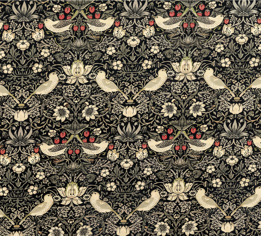The image is a repeating pattern of various floral and bird motifs in shades of black, white, and red. The pattern features a variety of flowers, leaves, and birds arranged in a symmetrical and intricate design.