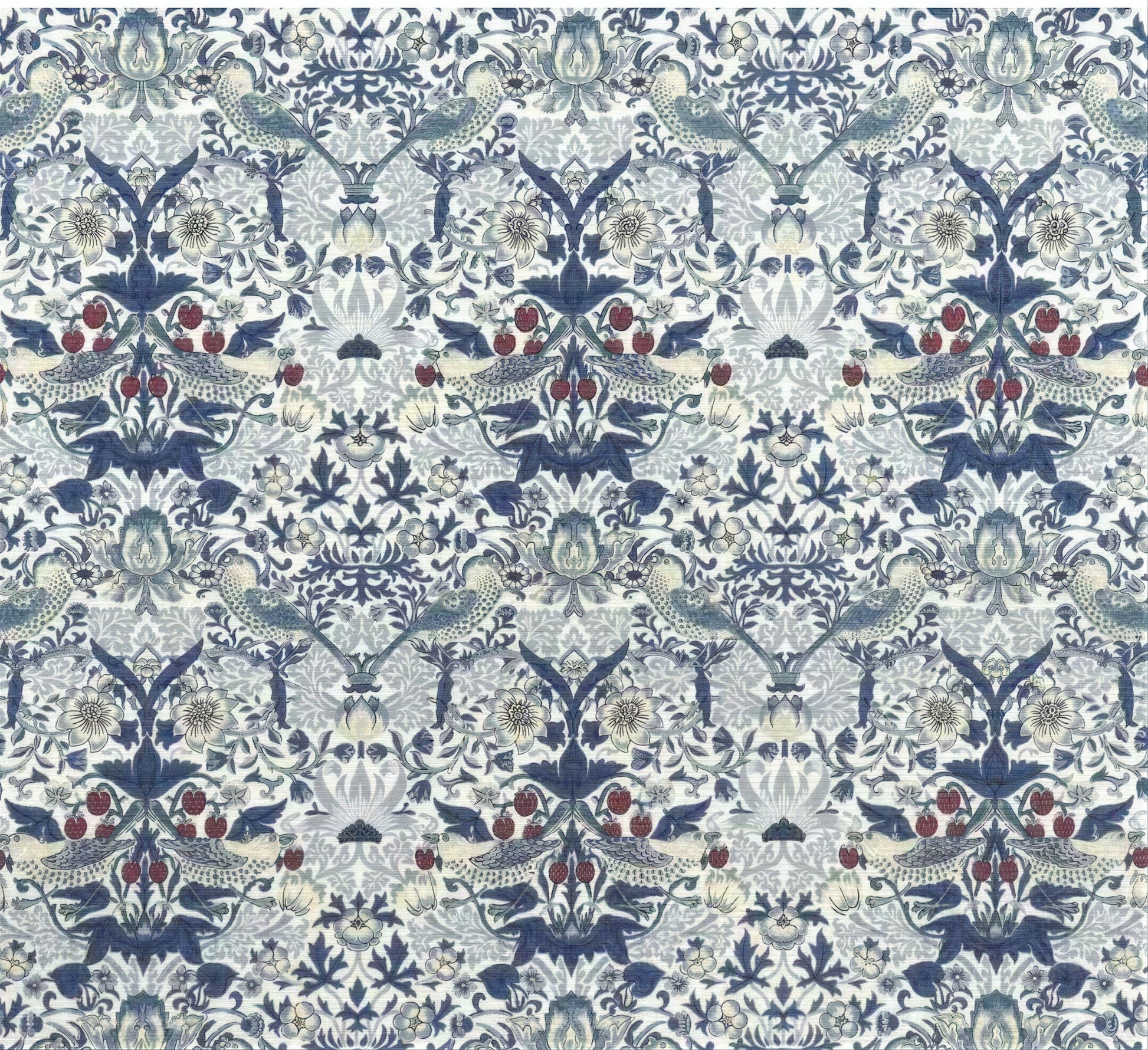 a repeating pattern of blue and white floral designs with red berries and leaves. The pattern is symmetrical and intricate, creating a visually striking and detailed design.