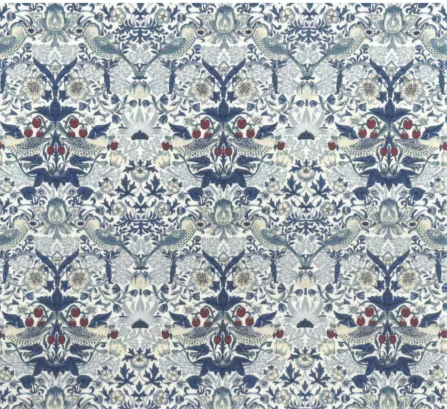 a repeating pattern of blue and white floral designs with red berries and leaves. The pattern is symmetrical and intricate, creating a visually striking and detailed design.