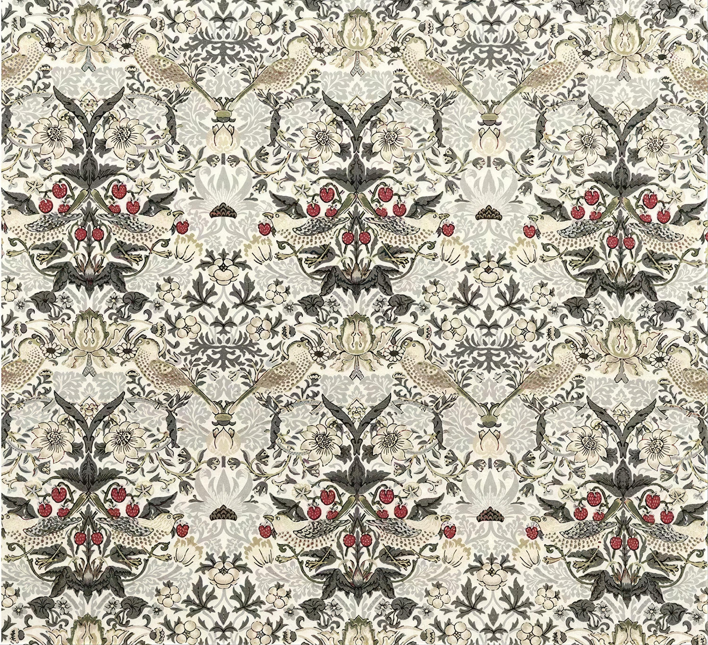 The image is a repeating pattern of a floral design with birds and red berries. The pattern consists of various elements such as leaves, flowers, birds, and red berries arranged in a symmetrical and intricate manner.