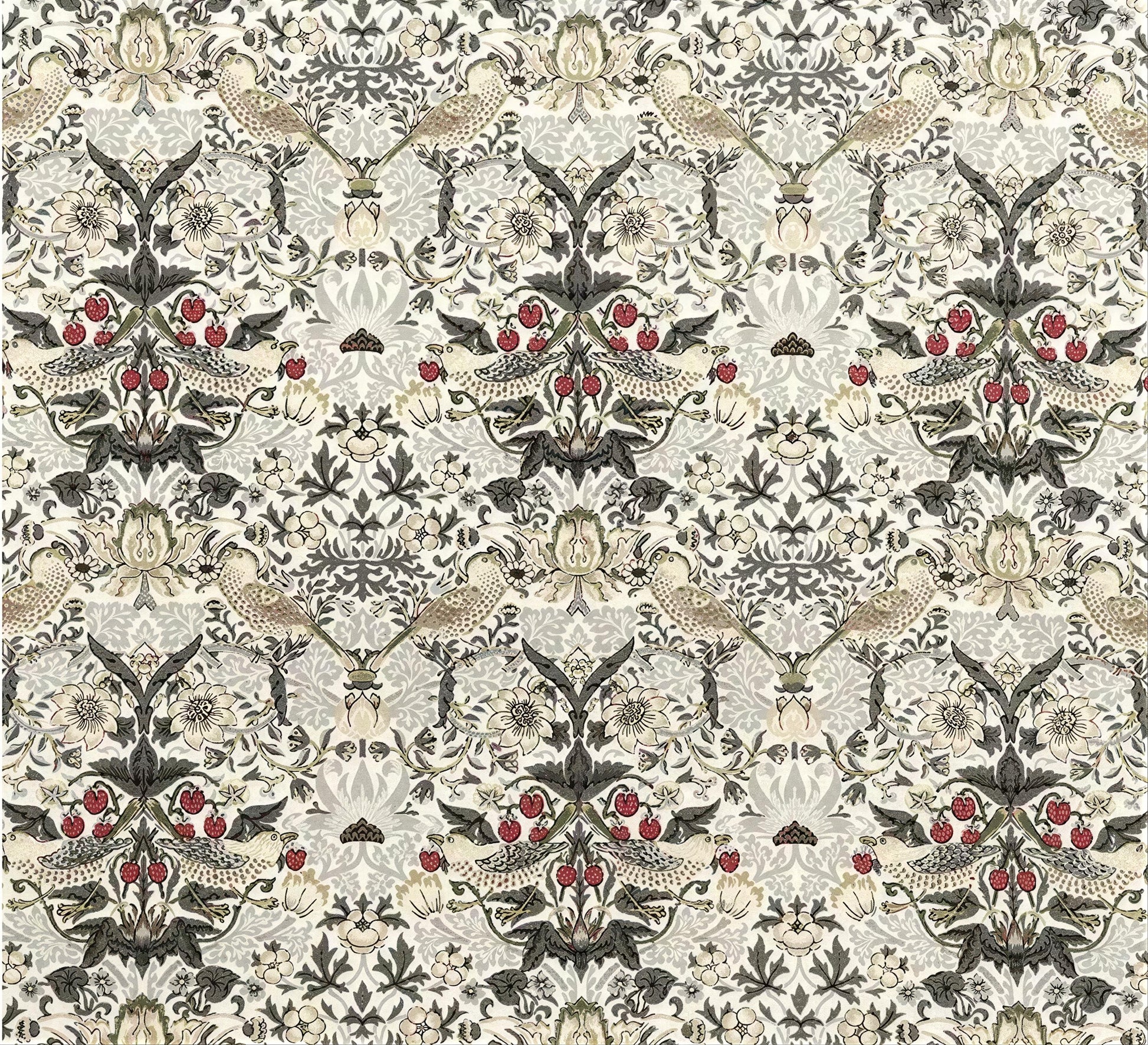 The image is a repeating pattern of a floral design with birds and red berries. The pattern consists of various elements such as leaves, flowers, birds, and red berries arranged in a symmetrical and intricate manner.