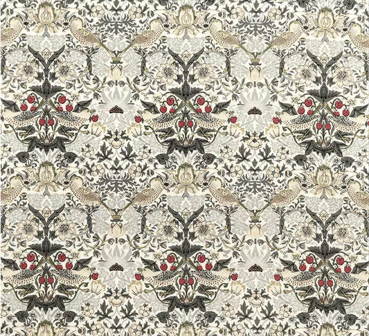 The image is a repeating pattern of a floral design with birds and red berries. The pattern consists of various elements such as leaves, flowers, birds, and red berries arranged in a symmetrical and intricate manner.