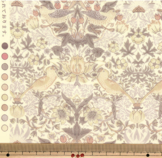 The image is a close-up of a fabric with a repeating floral pattern, featuring birds and flowers in shades of pink, white, and beige.
