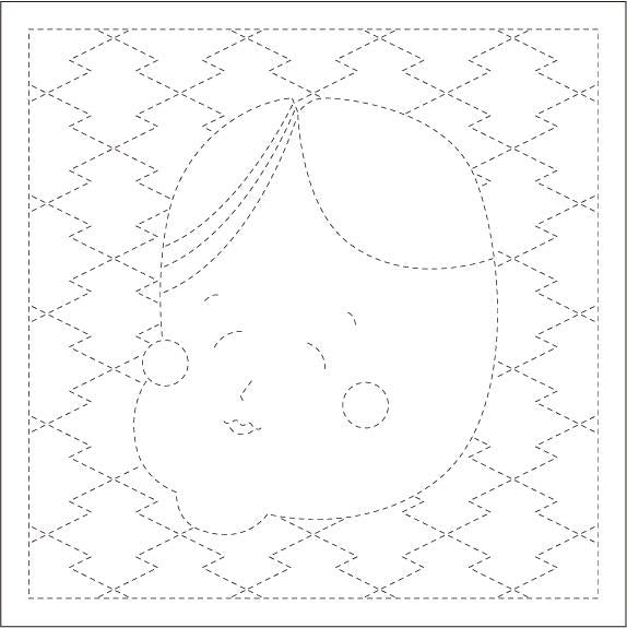 A simple black and white line drawing of a smiling face with a zigzag pattern surrounding it.
