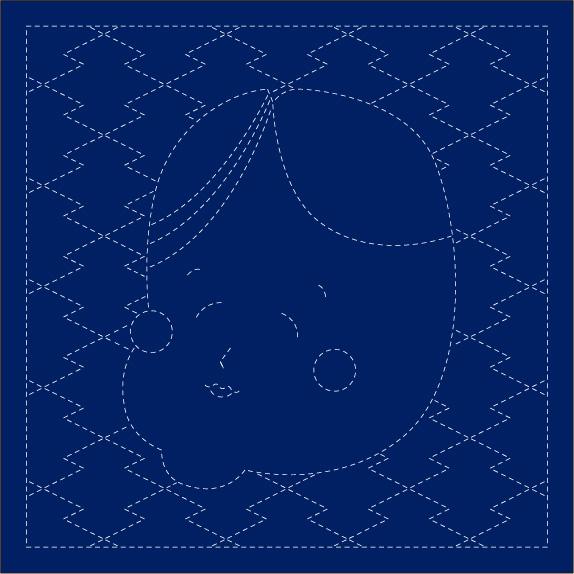 The image is a blue square with a white dotted pattern surrounding the edges. The pattern consists of various zigzag lines and dots, creating a visually striking contrast against the blue background.