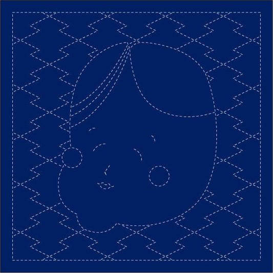 The image is a blue square with a white dotted pattern surrounding the edges. The pattern consists of various zigzag lines and dots, creating a visually striking contrast against the blue background.