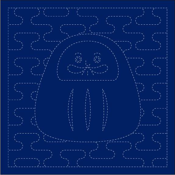 A blue square with a white dotted pattern, featuring a stylized figure or shape in the center.