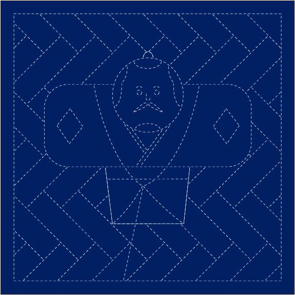 The image is a blue and white geometric pattern with a stylized figure in the center.