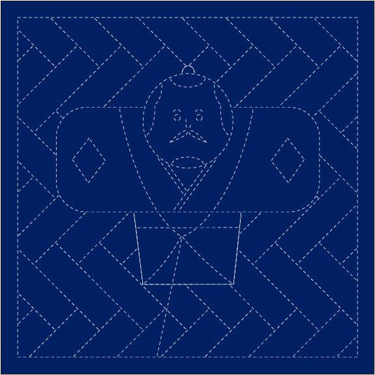 The image is a blue and white geometric pattern with a stylized figure in the center.