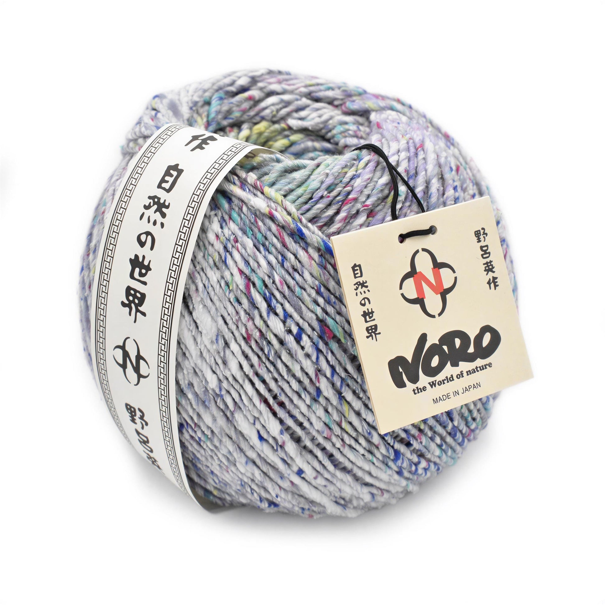 A ball of multicolored yarn with a label that includes Japanese text and a logo.