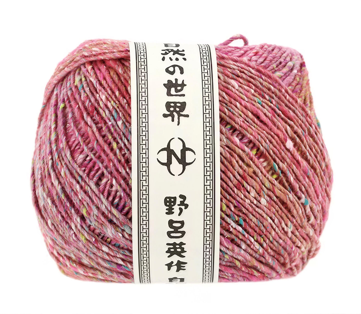 A ball of multicolored yarn with a label that includes Japanese text.