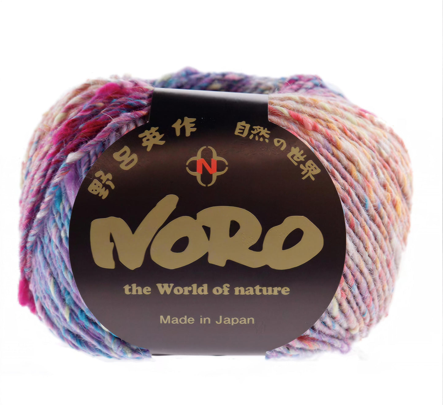 A ball of multicolored yarn with a label that reads "Noro" and "the World of nature".