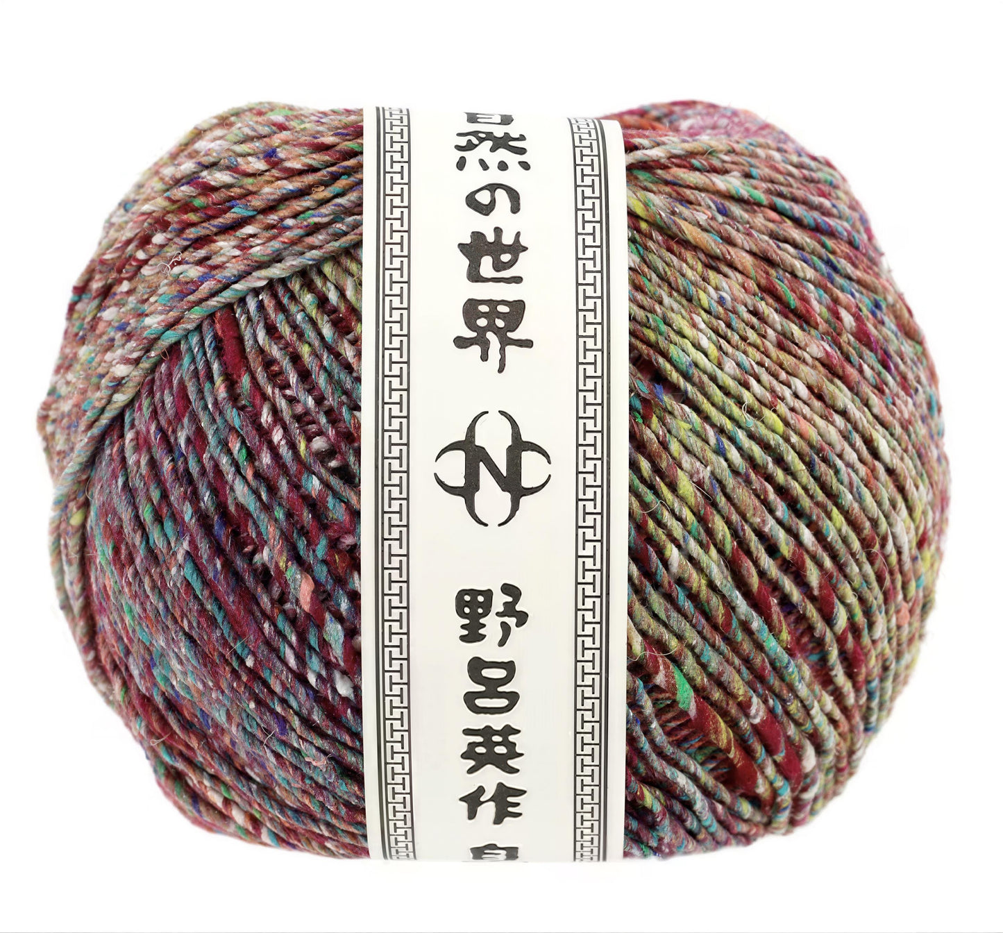 A ball of multicolored yarn with a label that includes Japanese characters.