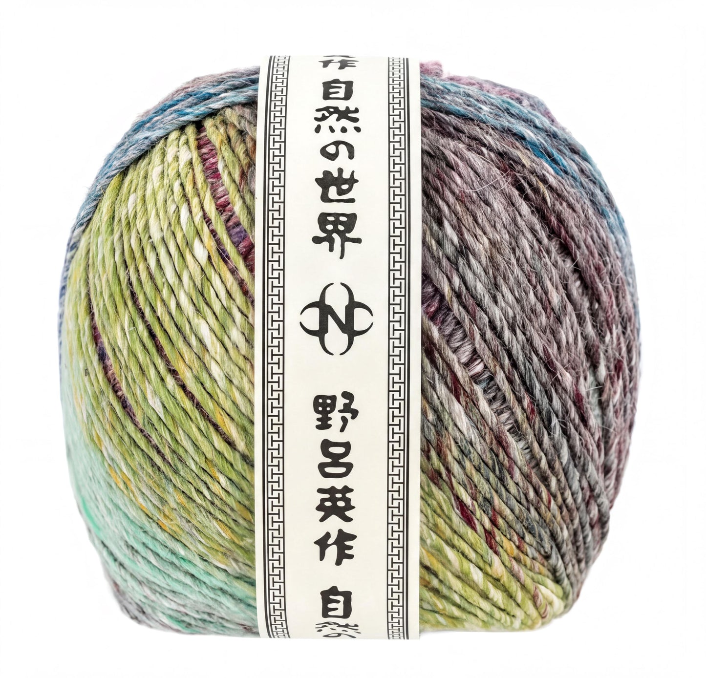 A ball of multicolored yarn with a label that includes Japanese text and a symbol.