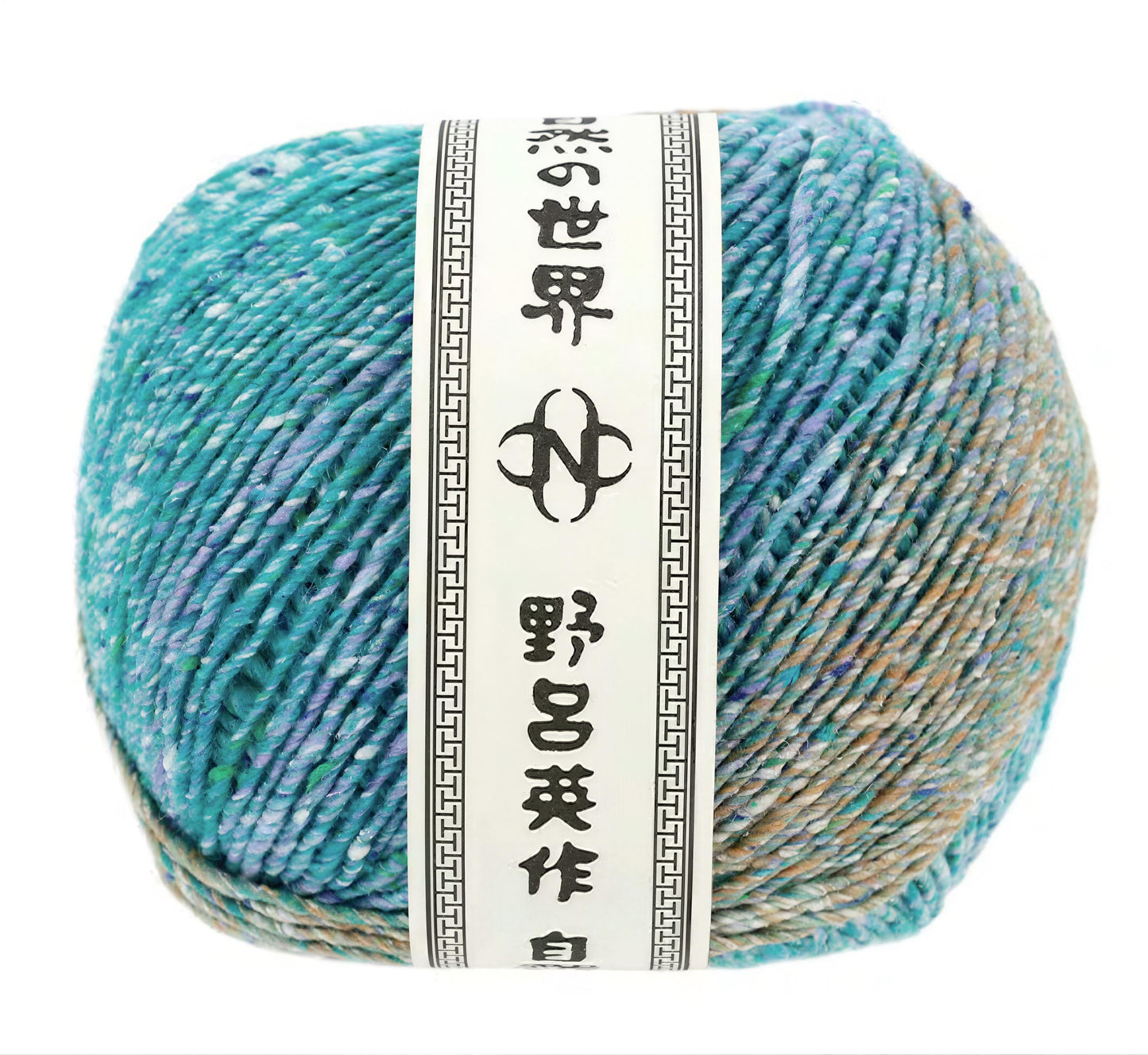 A ball of multicolored yarn with a label that includes text in a foreign language.