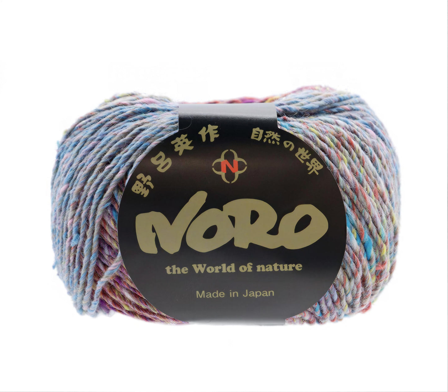 A ball of multicolored yarn with a label that reads "NERO the World of nature Made in Japan".