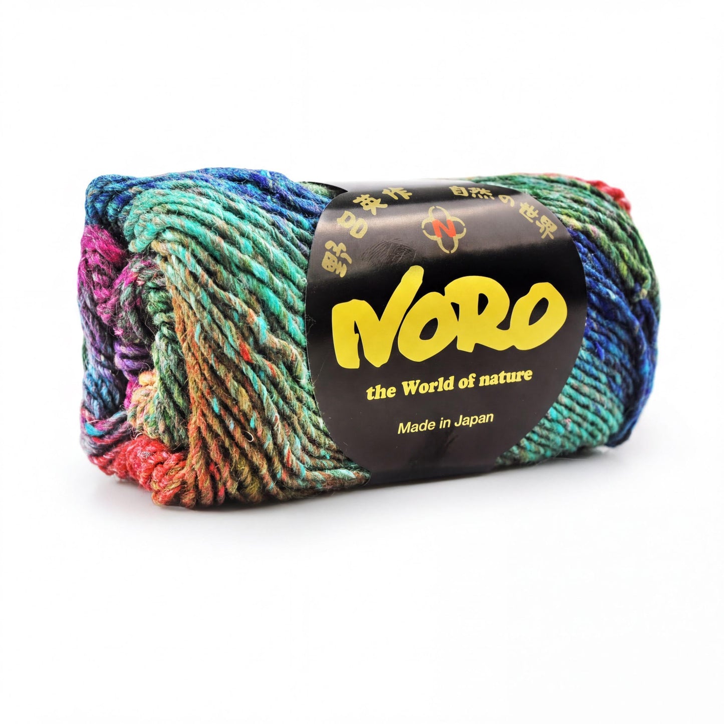 A ball of multicolored yarn with a label that reads "NORO the World of nature Made in Japan".