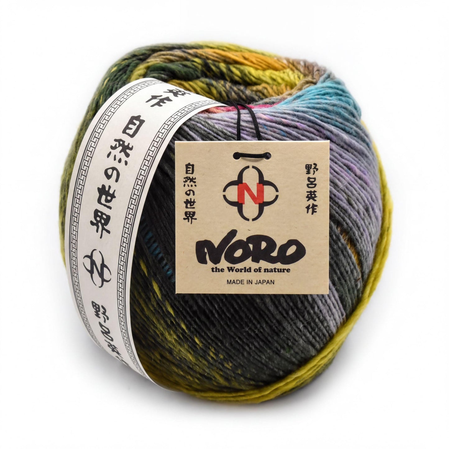 a ball of multicolored yarn with a label that includes Japanese text and the brand name "NERO" printed on it.