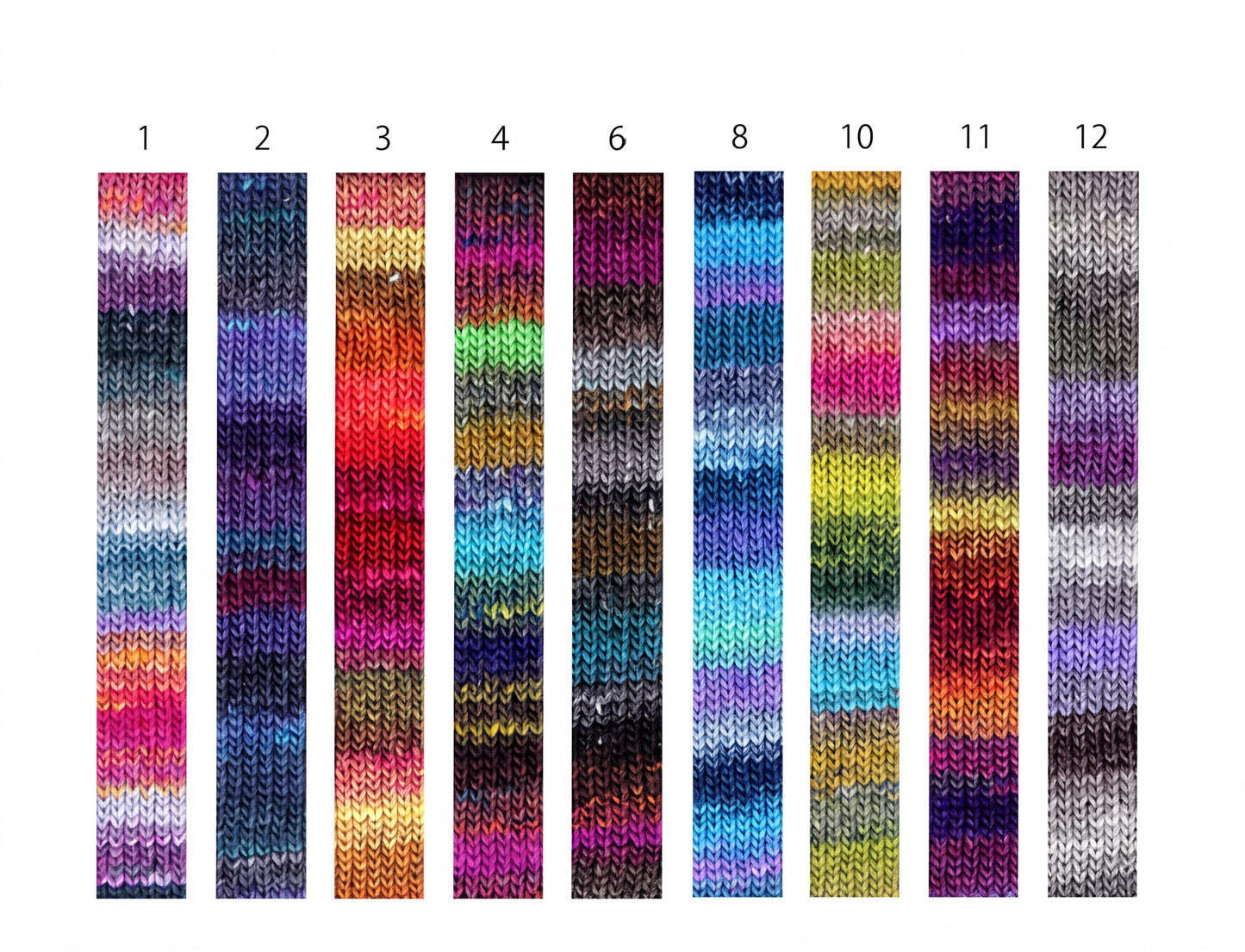 a collection of nine colorful, multicolored knitted fabric swatches arranged in a row.
