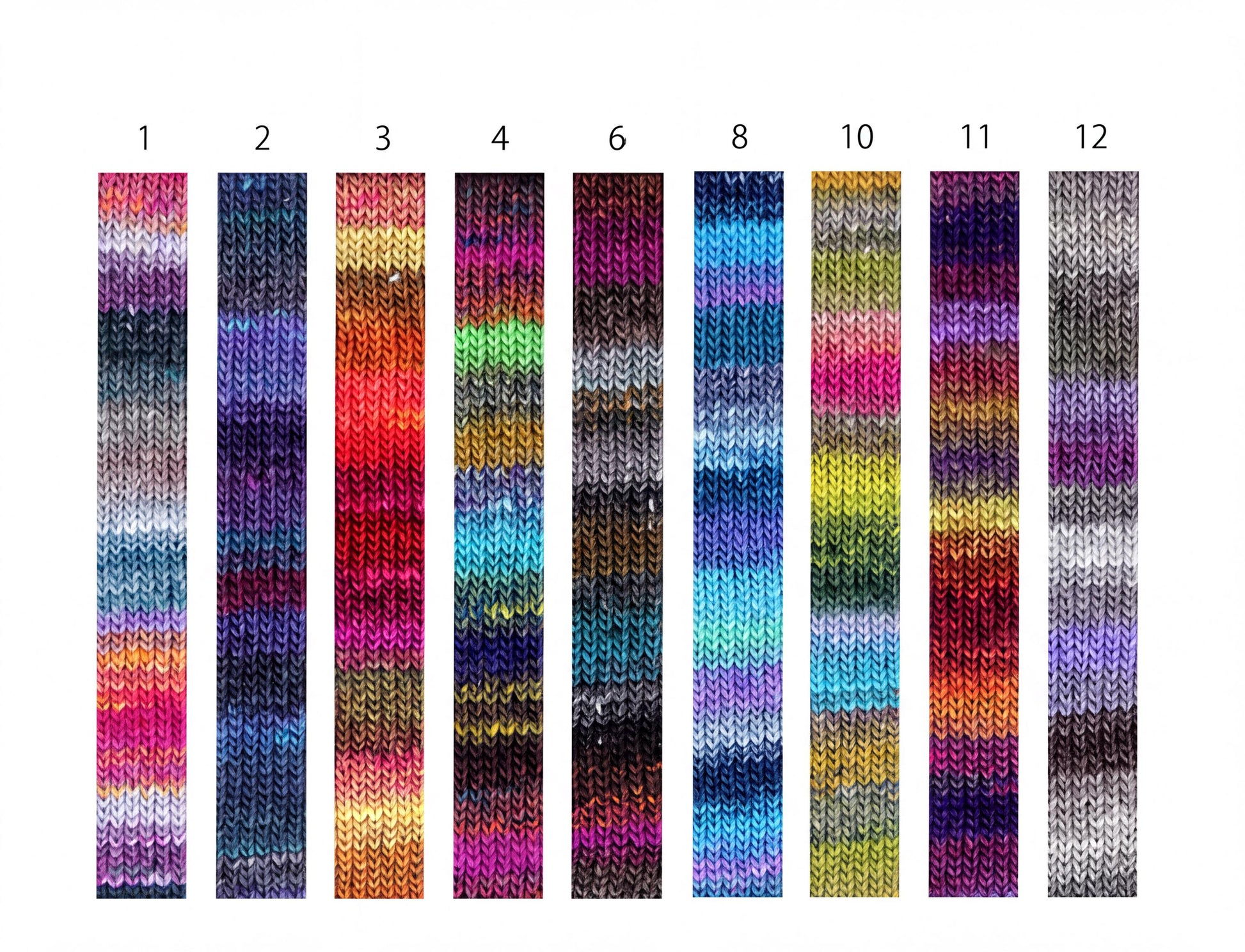 a collection of nine colorful, multicolored knitted fabric swatches arranged in a row.