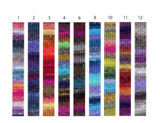 a collection of nine colorful, multicolored knitted fabric swatches arranged in a row.