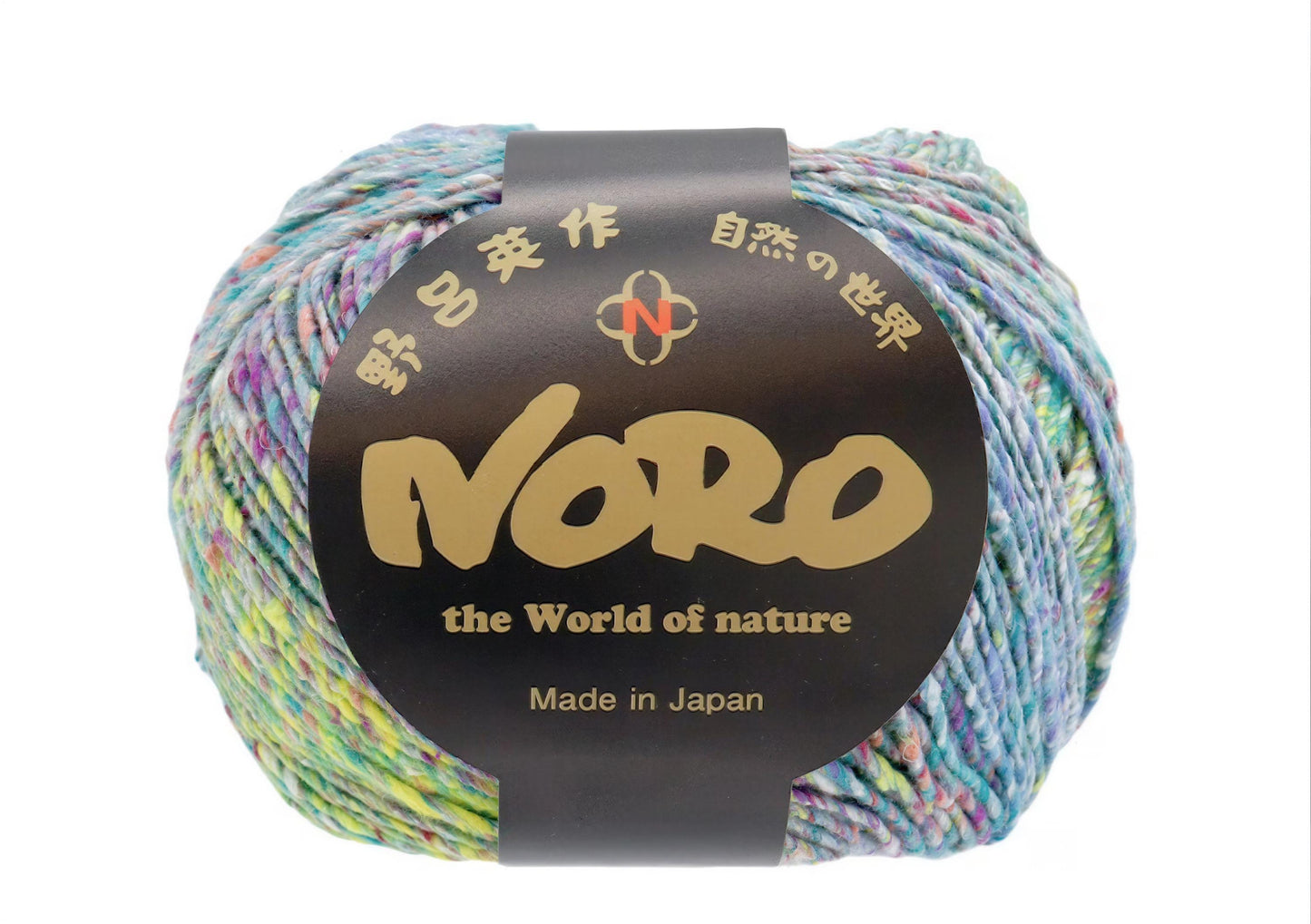 A ball of multicolored yarn with a label that reads "NERO the World of nature Made in Japan".