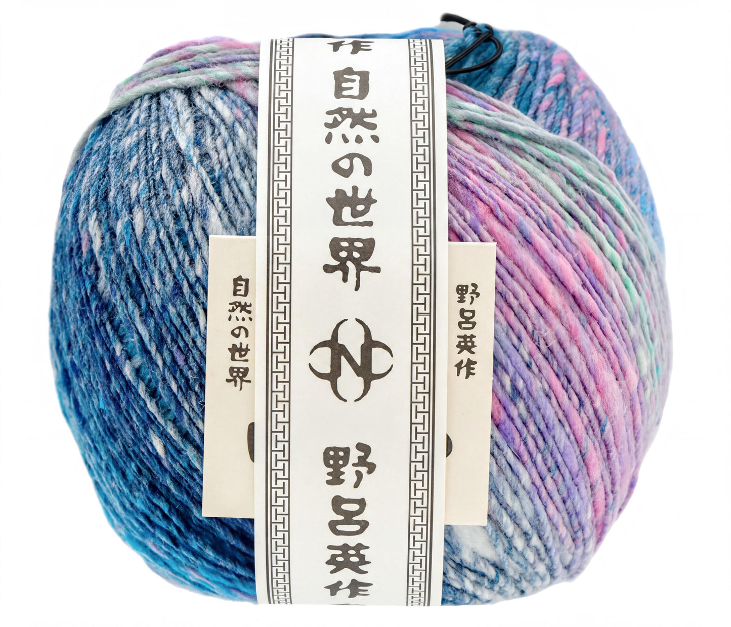 A ball of multicolored yarn with a label that includes Japanese text.