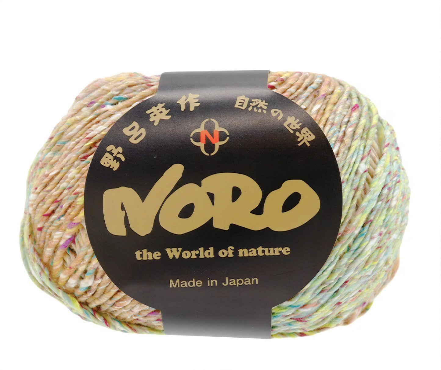 A ball of multicolored yarn with a black and gold label that reads "NORO the World of nature Made in Japan".
