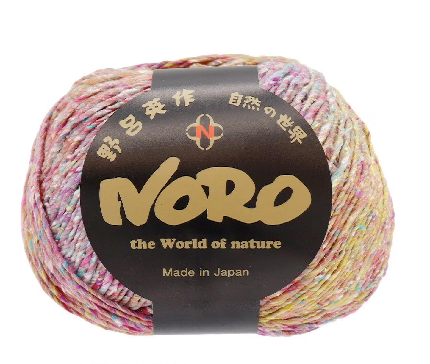 A ball of multicolored yarn with a black and gold label that reads "NERO the World of nature Made in Japan".