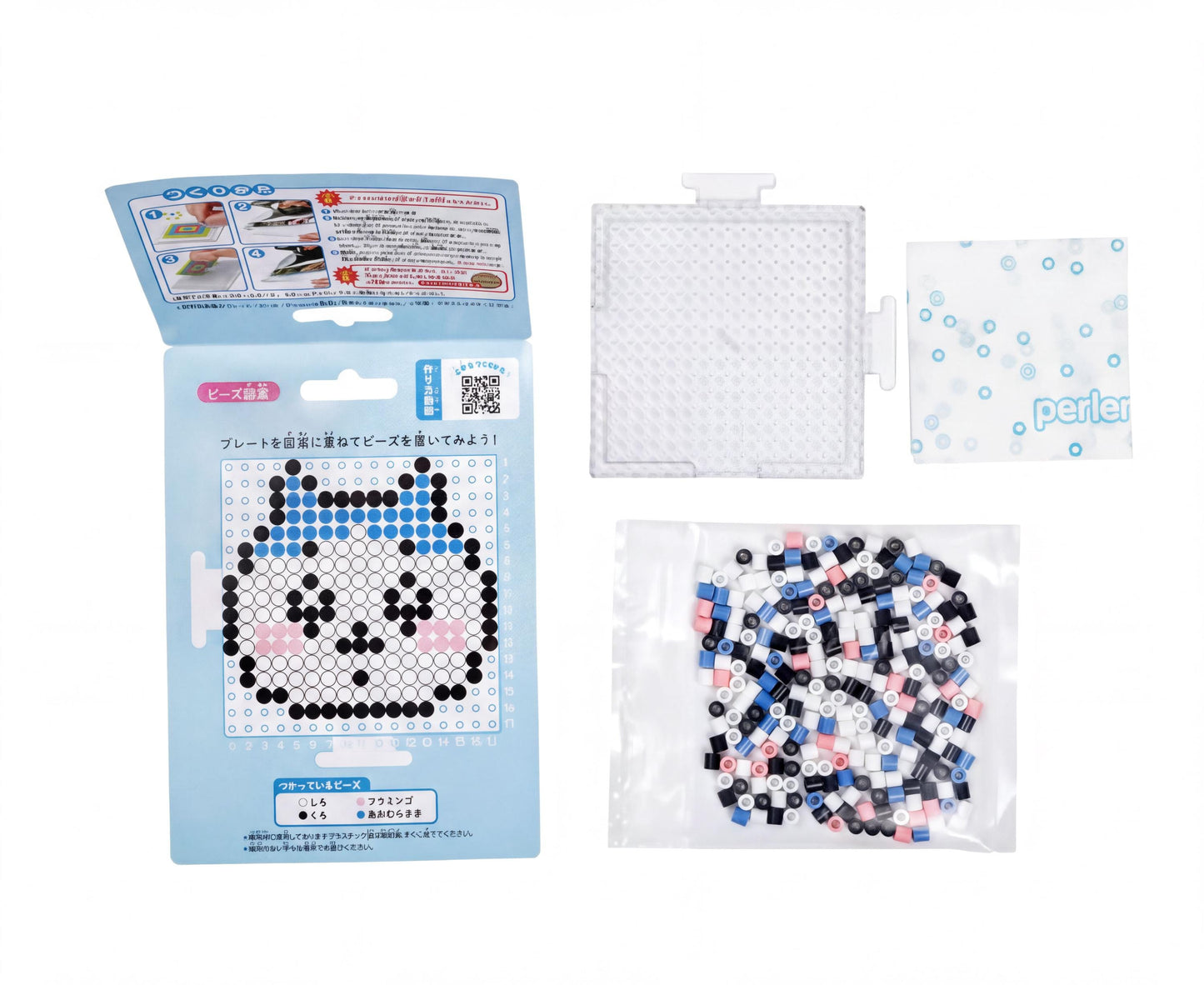 a set of materials for creating a pixel art design, including a package with instructions, a clear plastic container with colored beads, and a small square with a QR code.