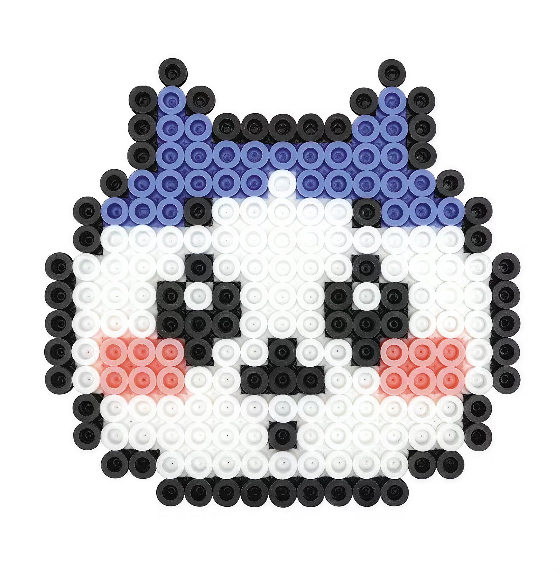 A pixelated image depicting a cute, cartoon-like face composed of small circular beads in various colors, including blue, white, and red.