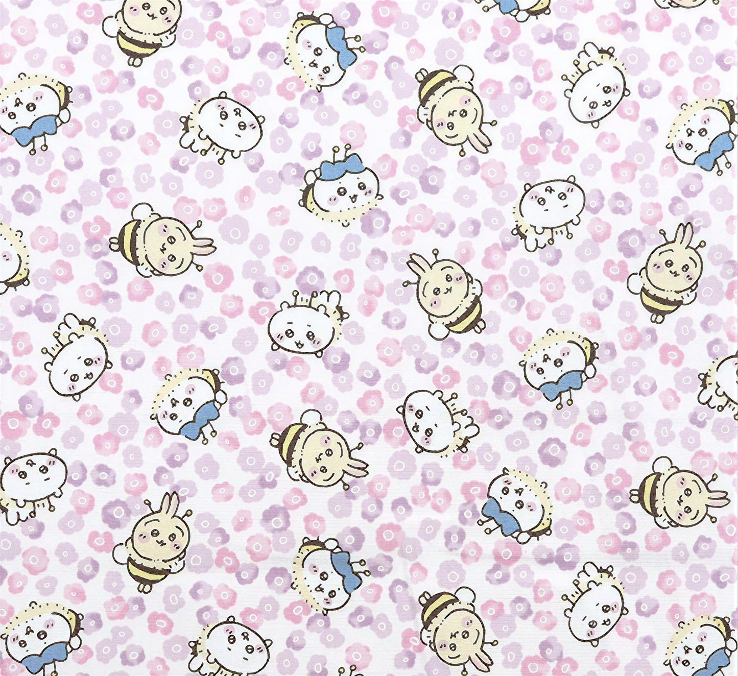 a repeating pattern of cartoon-style insects, including bees and rabbits, against a pink and white background.