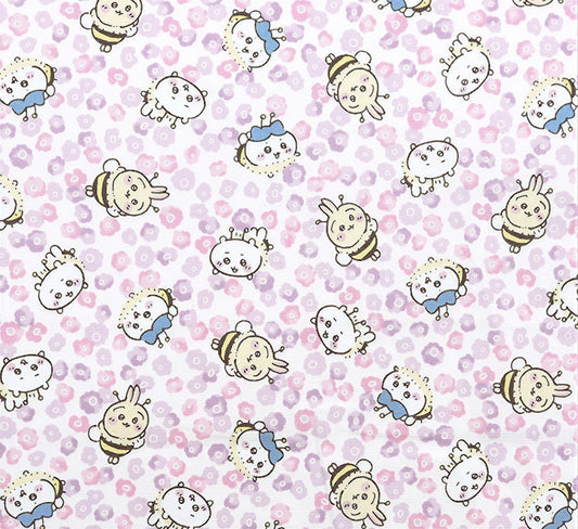 a repeating pattern of cartoon-style insects, including bees and rabbits, against a pink and white background.