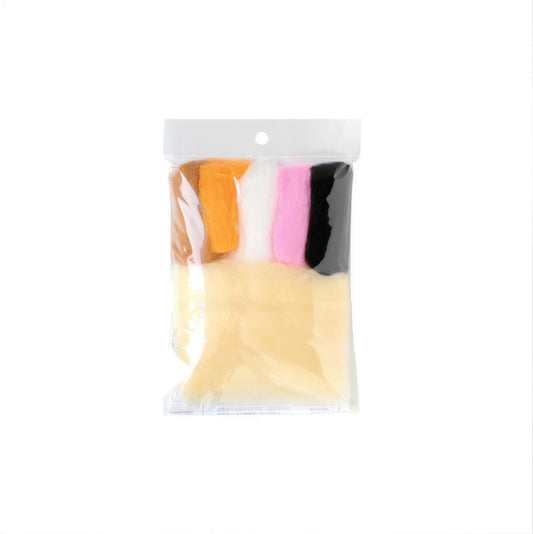 A package containing various colored felt pieces, including white, orange, pink, black, and yellow.