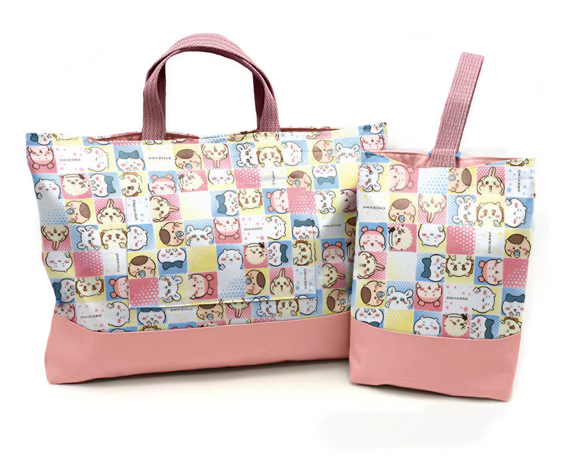 two pink tote bags with a colorful, cartoon-like pattern of cats and other animals printed on them.