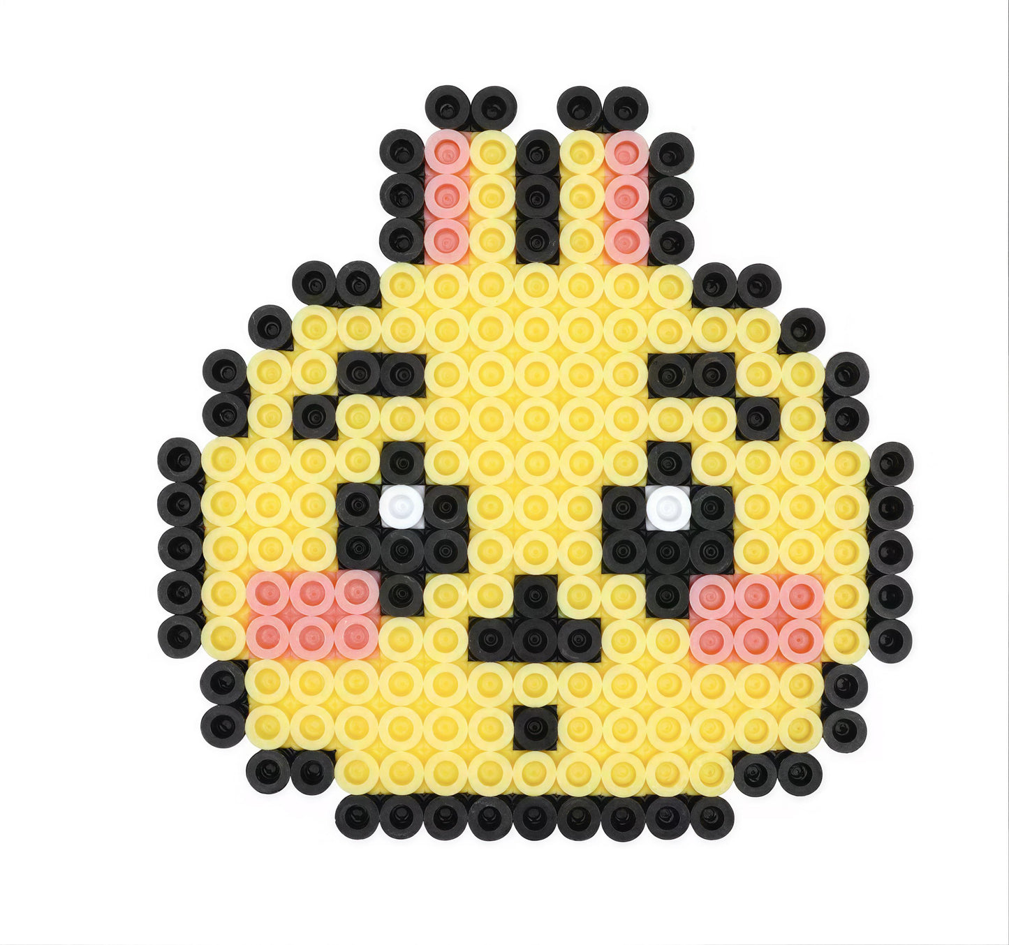 A pixelated character resembling a cartoon or anime-style face, composed of small circles in various colors including yellow, black, and pink.