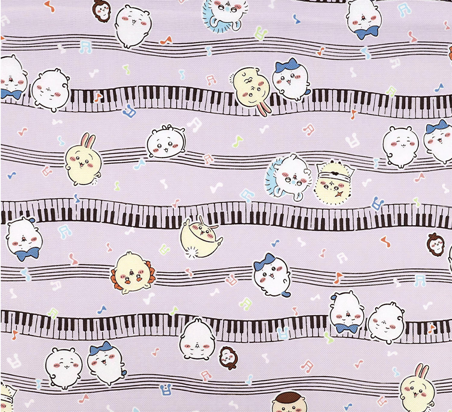 a repeating pattern of cartoon-style animals, including cats, rabbits, and birds, along with musical notes and piano keys. The animals are depicted in various poses and expressions, creating a lively and playful atmosphere.